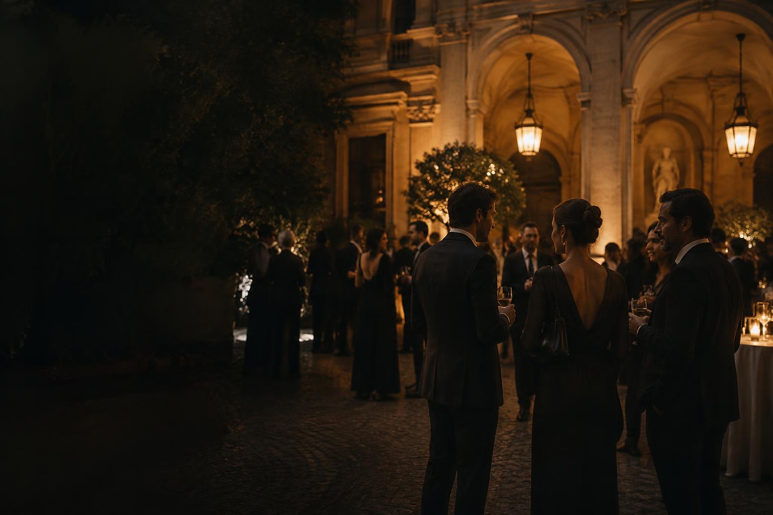 Guests connecting at an intimate evening gathering in a Roman courtyard